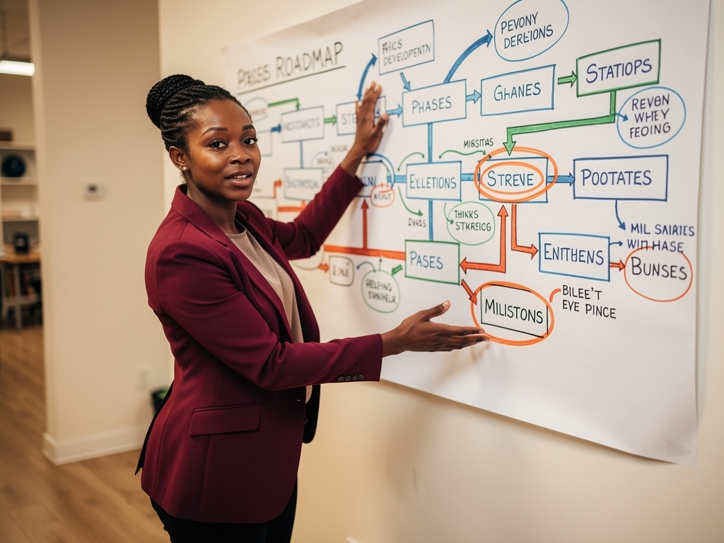 Entrepreneur drawing a development roadmap on a large paper sheet pinned to a wall