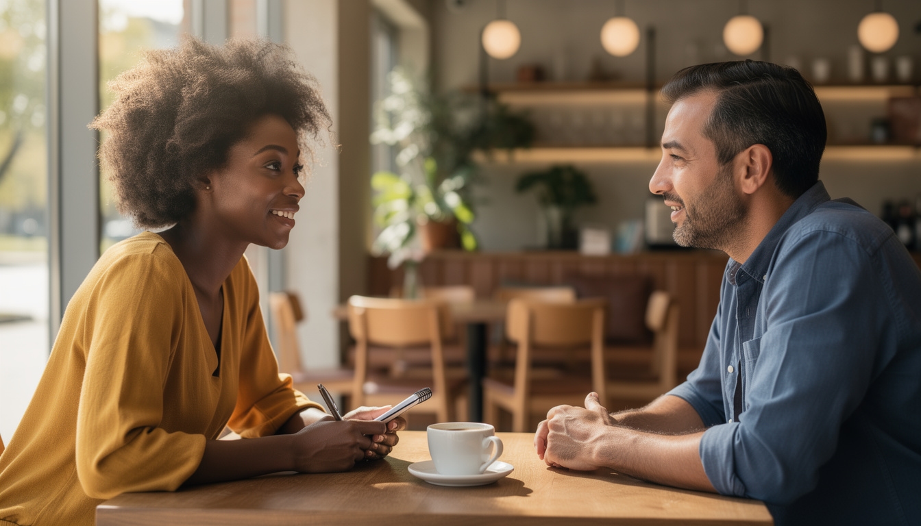 Entrepreneur conducting a customer discovery interview in a relaxed cafe setting with a notepad and coffee