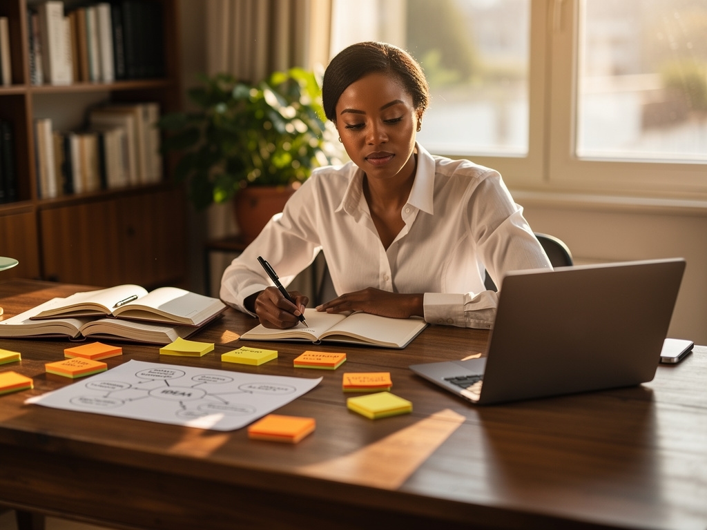 Entrepreneur working through an ideation session at a desk with notes and diagrams