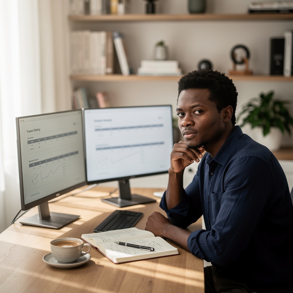 Entrepreneur working at an organized desk with notebooks, a laptop, and planning materials in a professional home office