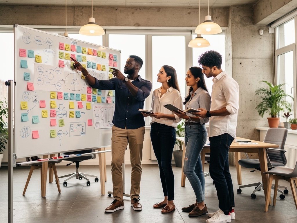 Small group of entrepreneurs collaborating in a workshop setting with whiteboards and sticky notes