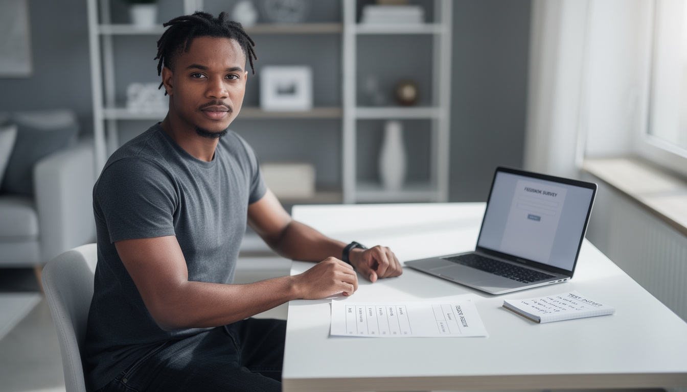 Entrepreneur setting up a simple experiment with a printed survey and a laptop on a clean desk