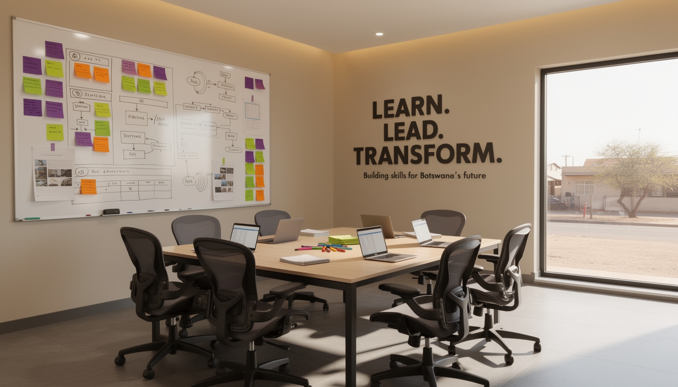 MophaneSoft training office interior with whiteboards, organized workspace, and planning materials on walls